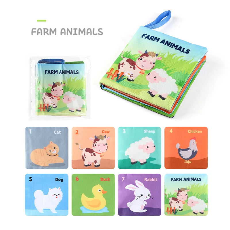 Livre sensoriel Montessori en tissu, thème animaux de la ferme, découverte visuelle et motricité fine 1–3 ans