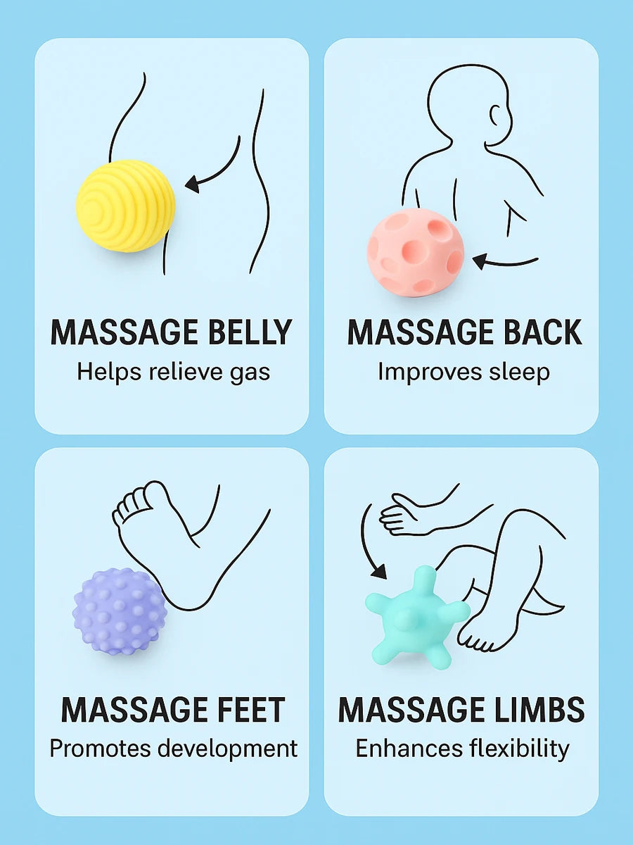 Balles sensorielles texturées utilisées pour masser les mains, pieds et corps de bébé