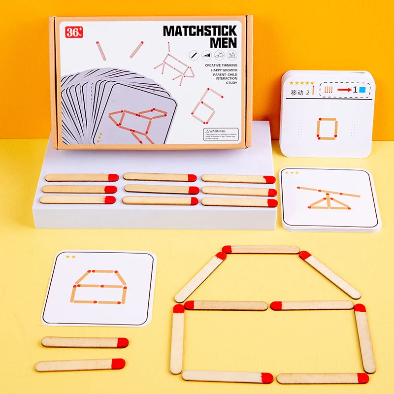  Cartes d'exercices et allumettes disposées sur une surface blanche