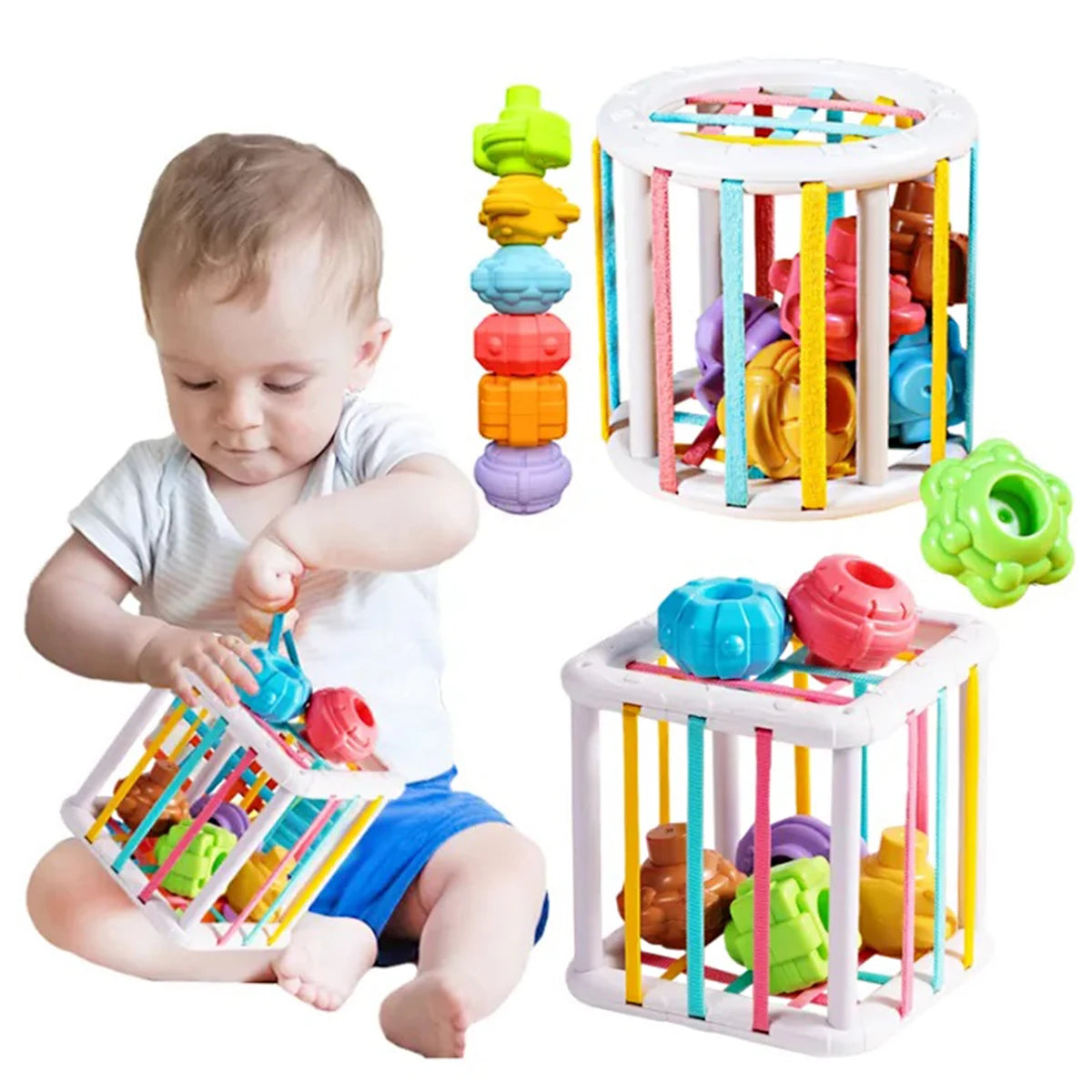 Bébé jouant avec un jouet sensoriel Montessori – coordination œil‑main