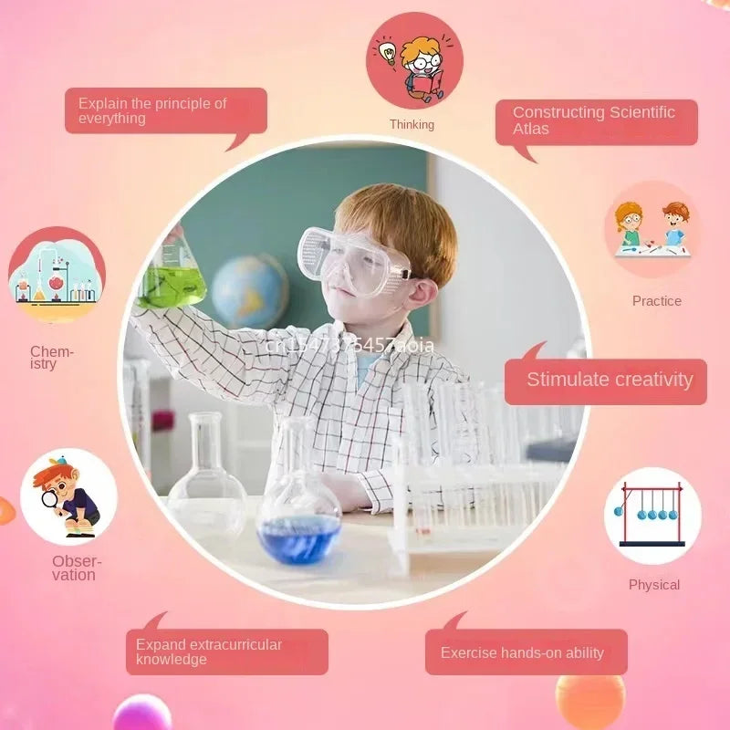 Jeune scientifique réalisant une expérience avec lunettes de protection
