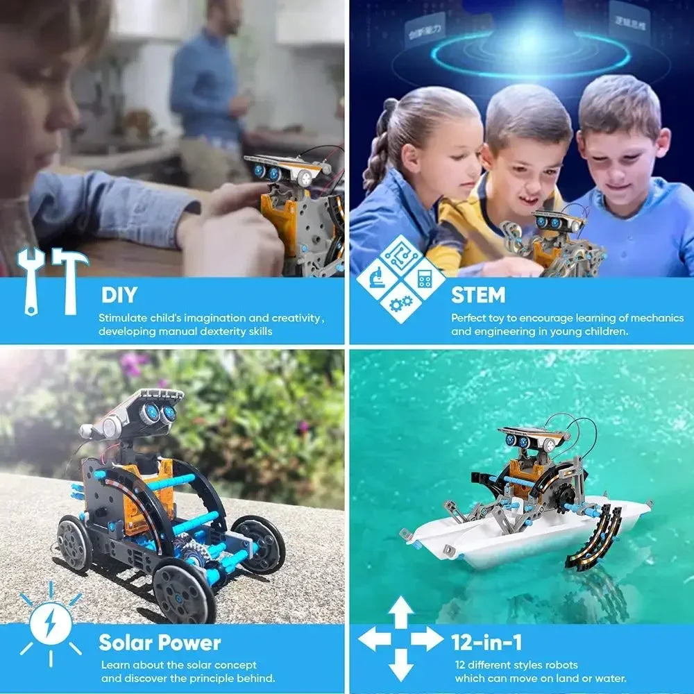 Deux enfants assemblant leur robot solaire en famille, souriant