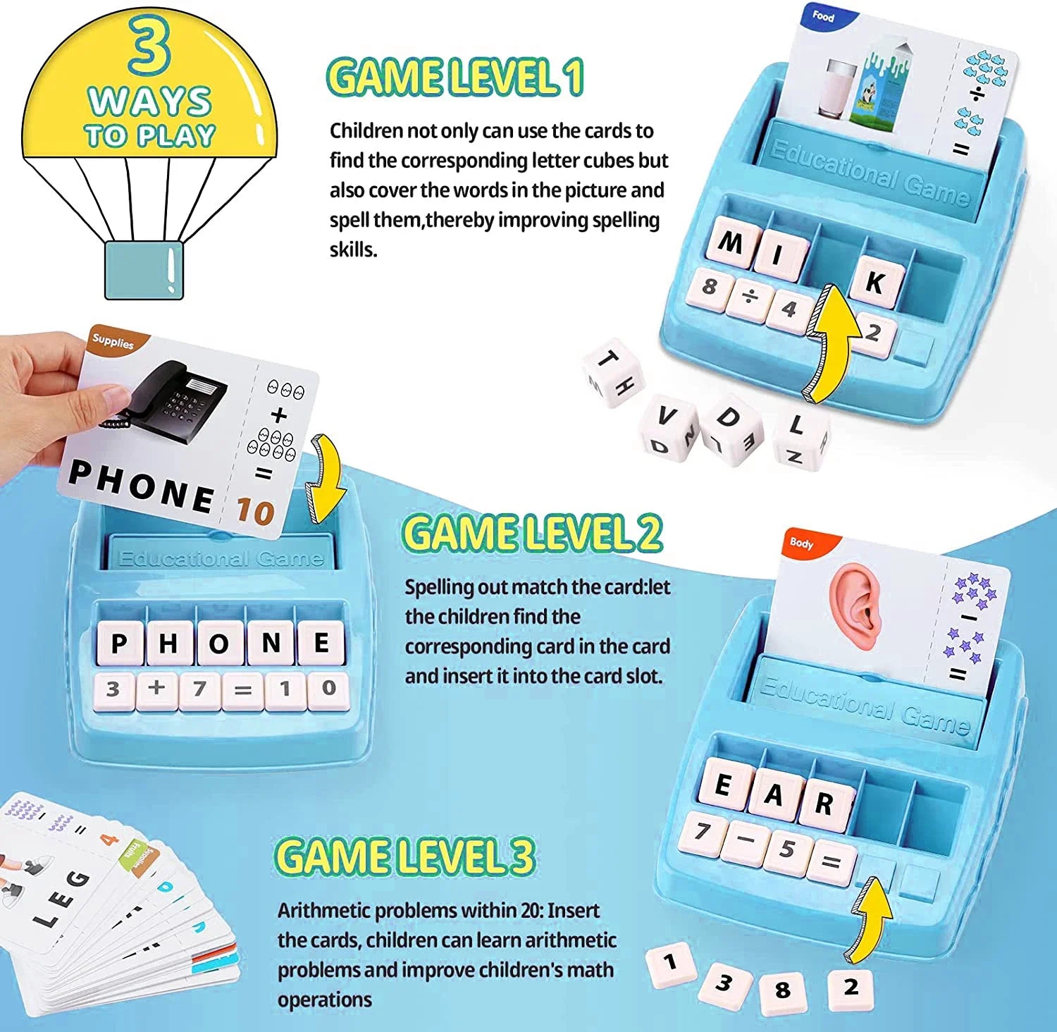 Exemples de mots et calculs simples réalisés avec le jeu éducatif