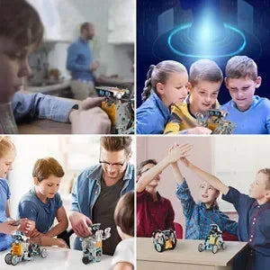 Familles assemblant leur robot solaire en famille, souriant