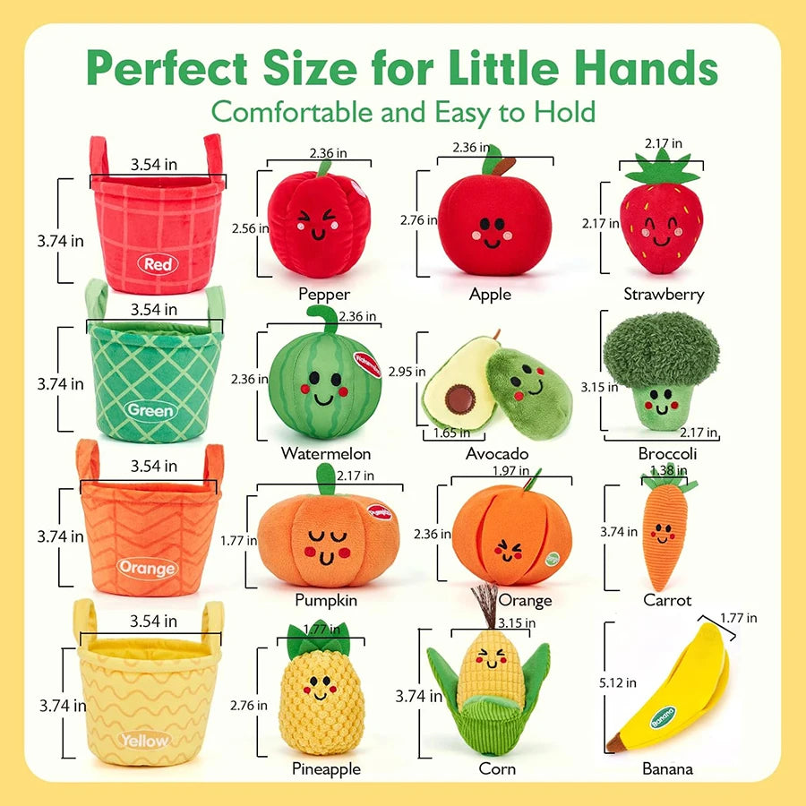 Jouets sensoriels Montessori en forme de fruits en peluche, lavables et colorés, flottant dans l’eau, avec comparaison sécurité “sans petites pièces