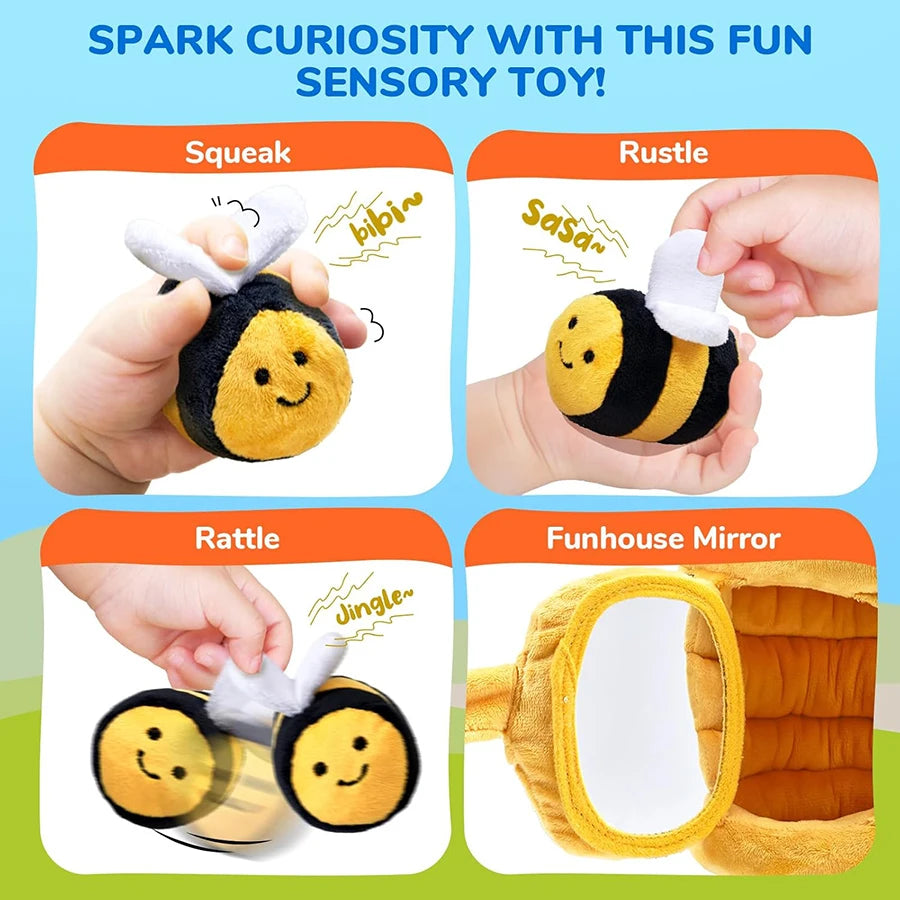Jouet sensoriel Montessori en forme de ruche avec 5 abeilles en peluche, bébé jouant avec le set d’éveil doux et sécurisé.