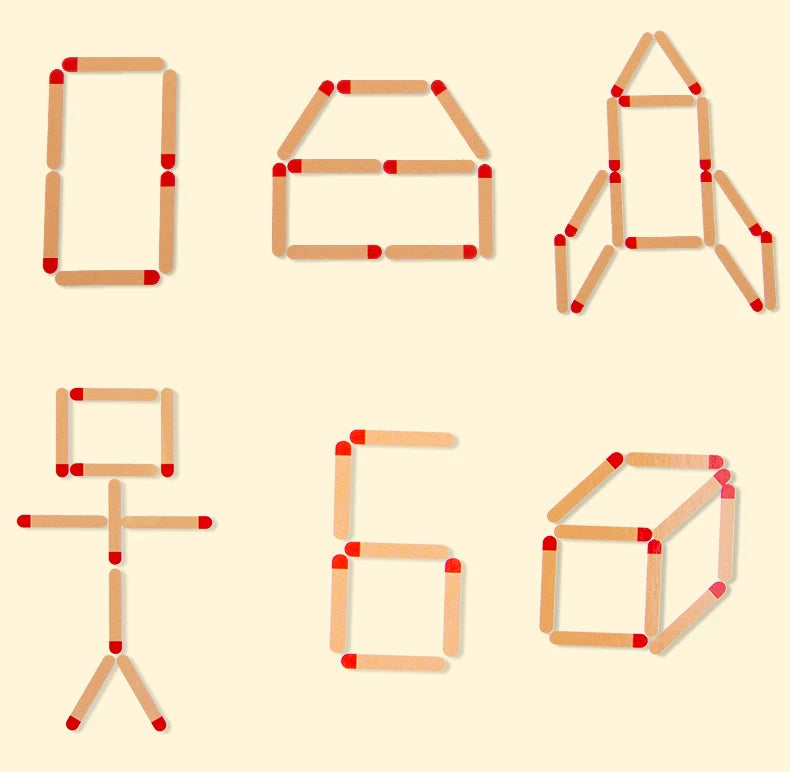 Formes variées (maison, fusée, lettres) reproduites avec les allumettes