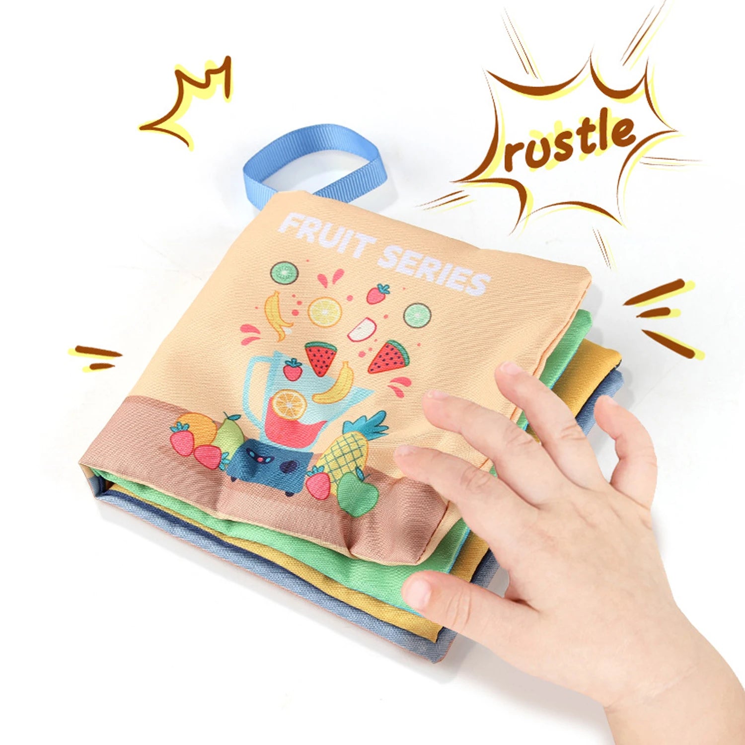Livre sensoriel Montessori en tissu pour bébé, thème fruits colorés, éveil tactile avec pages bruissantes et illustrations de pastèque, banane, orange, ananas et fraises, adapté 1–3 ans