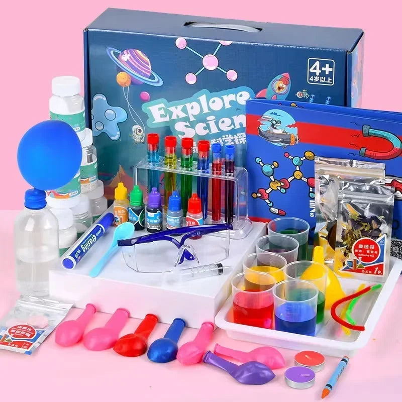 Ensemble d'expériences avec tubes à essai et produits colorés sur fond rose