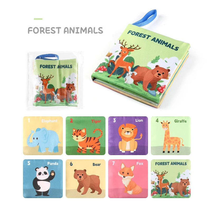Livre sensoriel Montessori en tissu, thème animaux de la forêt, éveil sensoriel et exploration 1–3 ans