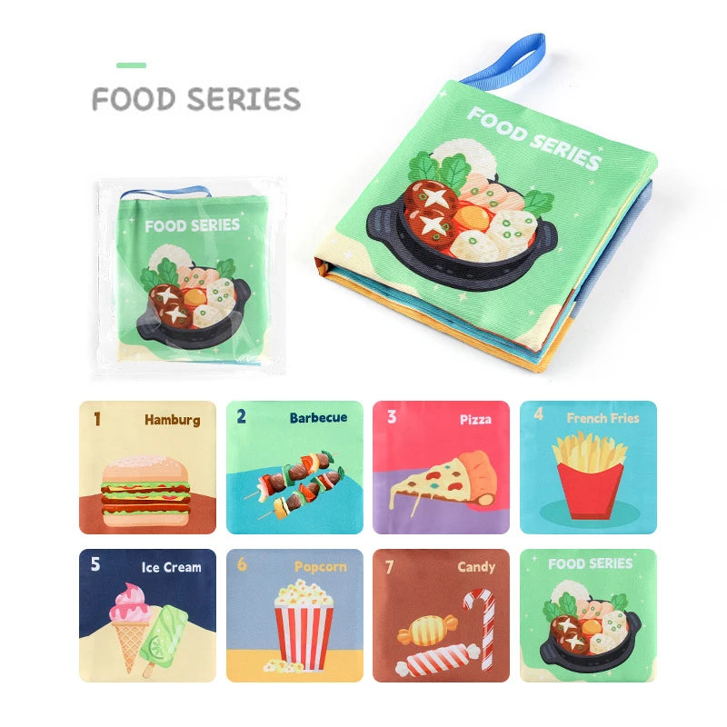 Livre sensoriel Montessori en tissu, thème plat et dessert, apprentissage des couleurs et textures pour bébé 1–3 ans
