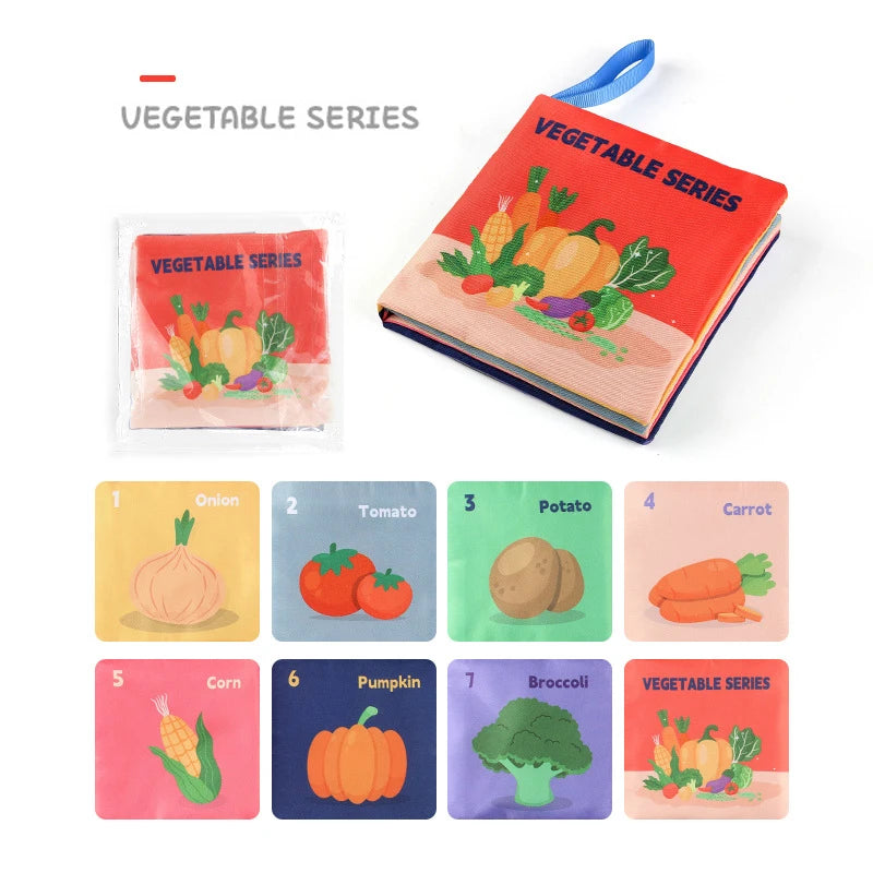 Livre sensoriel Montessori en tissu, thème légumes, apprentissage des couleurs et textures pour bébé 1–3 ans