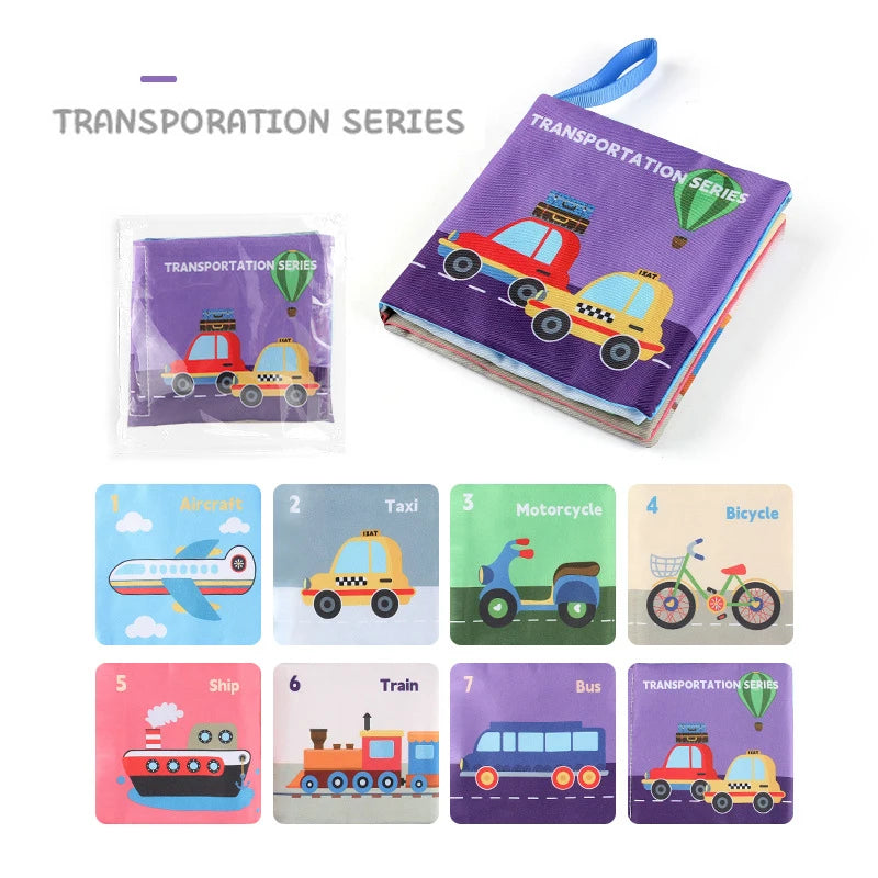  Livre sensoriel Montessori en tissu, thème transports, découverte visuelle et manipulation pour bébé 1–3 ans