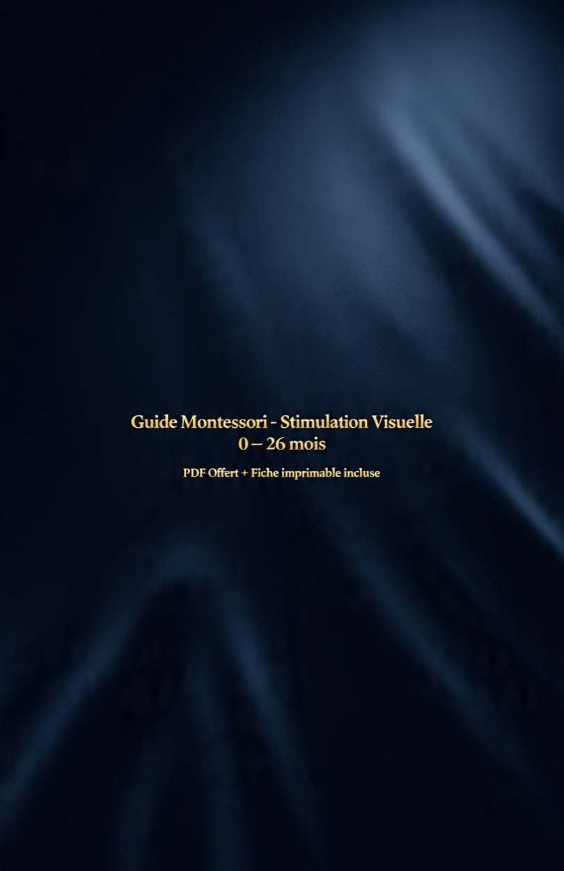 Mockup premium du guide Montessori sur la stimulation visuelle du bébé, style bleu nuit et doré.