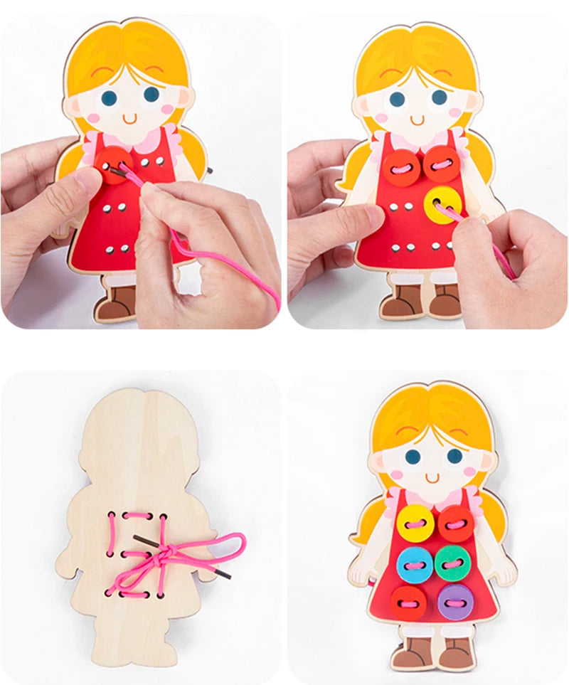 Planche Montessori en forme de fillette avec boutons colorés et corde à enfiler