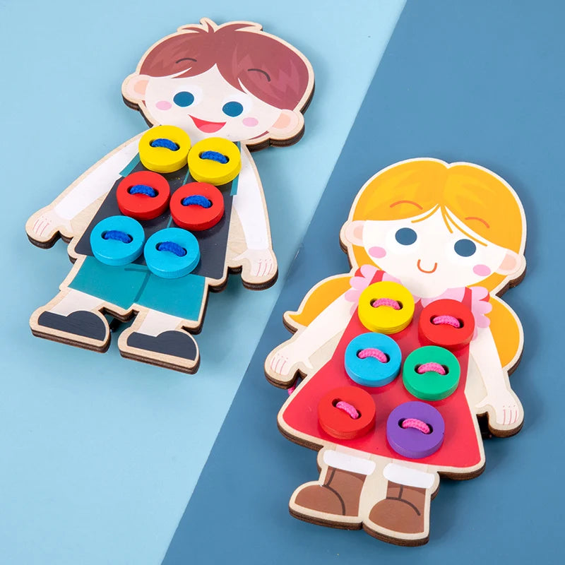 Planche Montessori en forme de garçon et fille avec boutons colorés pour apprentissage de l’habillage