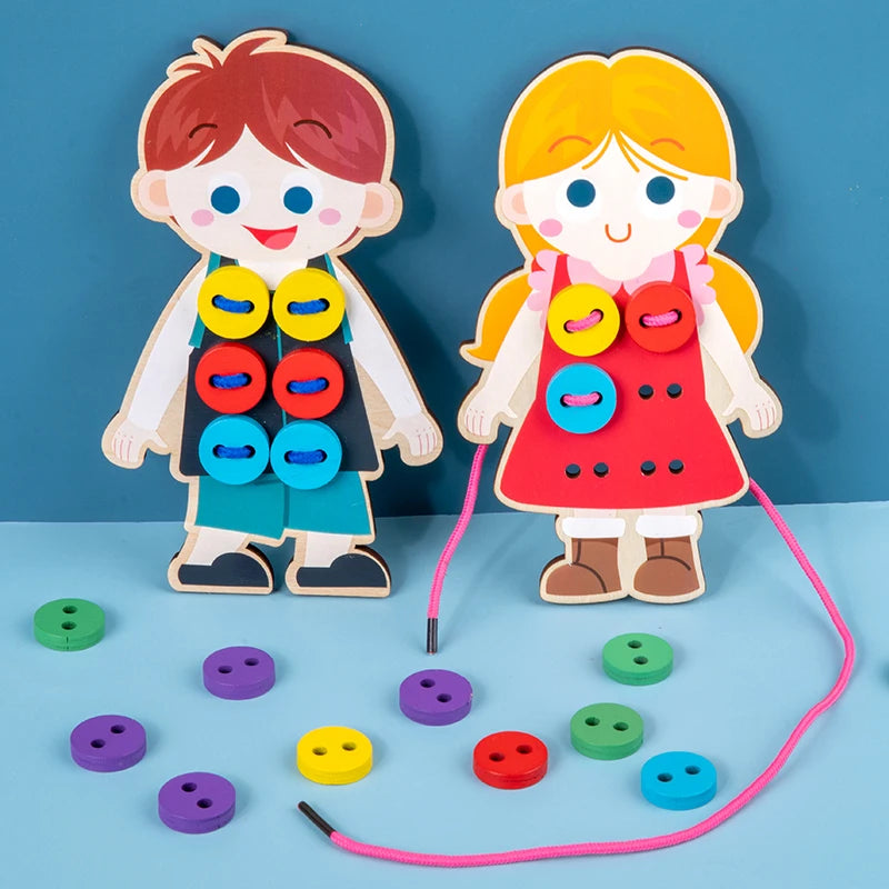 Personnages éducatifs avec gros boutons colorés et ficelle pour exercices de motricité fine