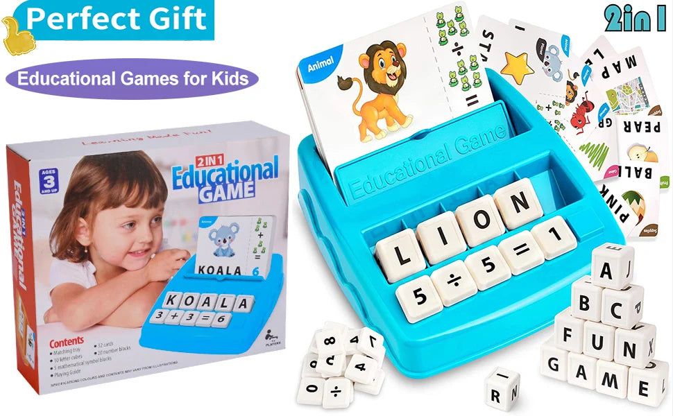 Plateau éducatif avec lettres, cartes illustrées et petites équations pour enfants