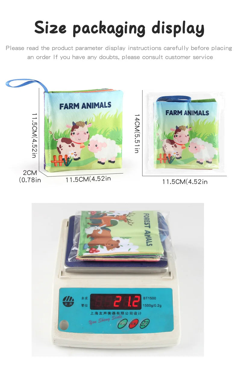 Livres sensoriels Montessori en tissu “Animaux de la ferme”, affichant les tailles 11,5×14 cm et 11,5×11,5 cm ainsi que le poids total de 212 g, adaptés aux bébés 1–3 ans
