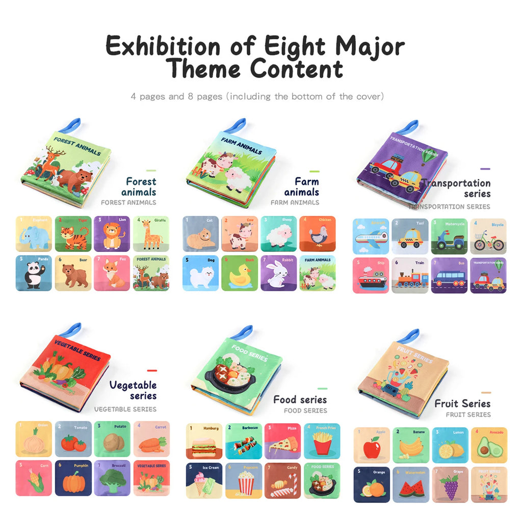 Présentation des livres sensoriels Montessori en tissu pour bébé, avec les séries Forest Animals, Farm Animals, Transportation, Vegetable, Food et Fruit, éveil tactile et apprentissage visuel 1–3 ans