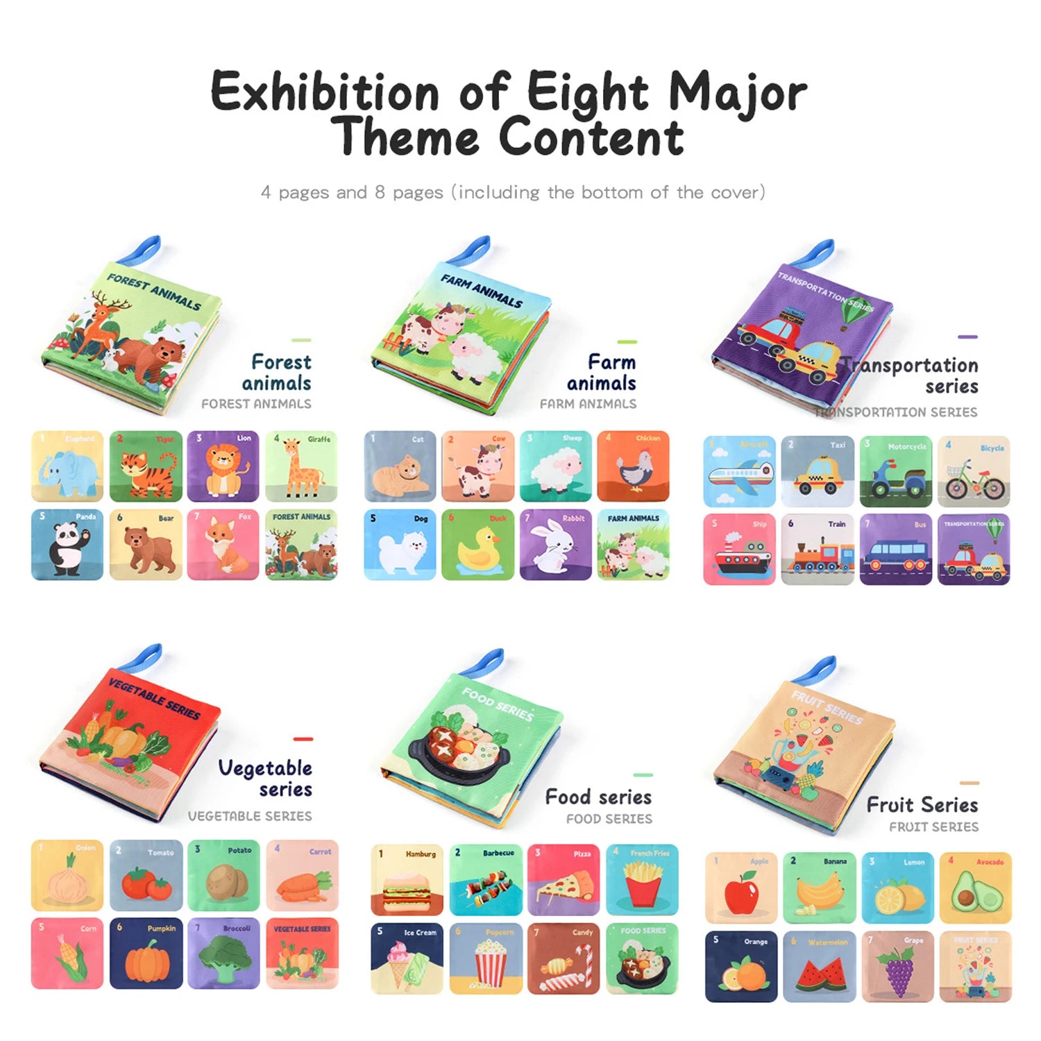 Présentation des livres sensoriels Montessori en tissu pour bébé, avec les séries Forest Animals, Farm Animals, Transportation, Vegetable, Food et Fruit, éveil tactile et apprentissage visuel 1–3 ans