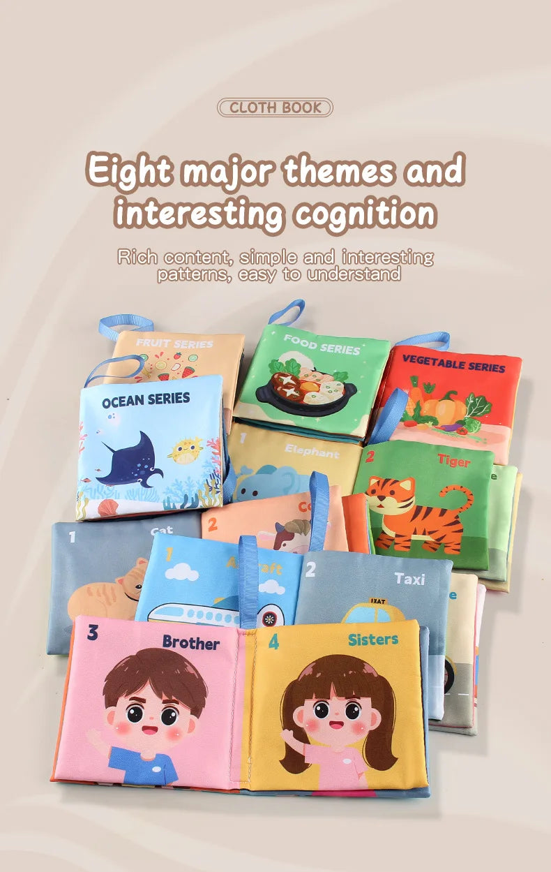 Présentation des livres sensoriels Montessori en tissu pour bébé, avec les séries Forest Animals, Farm Animals, Transportation, Vegetable, Food et Fruit, éveil tactile et apprentissage visuel 1–3 ans