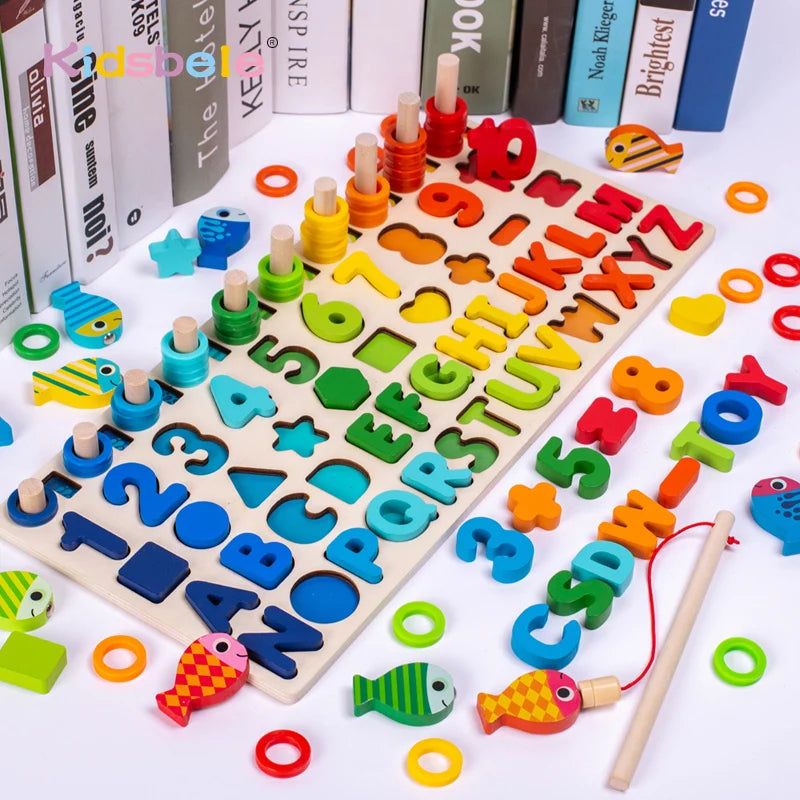 Puzzle Montessori en bois avec formes, chiffres et anneaux colorés