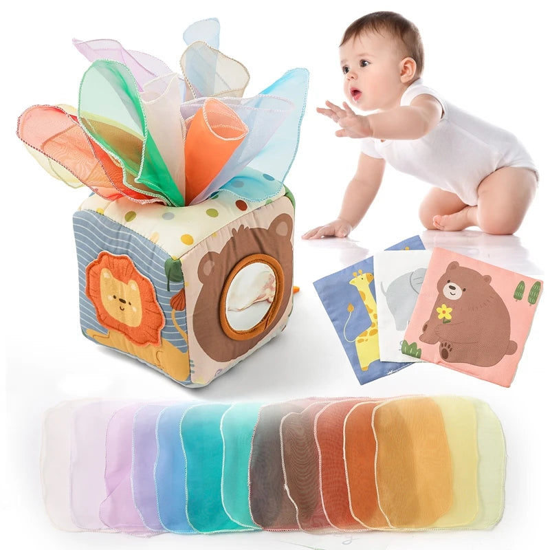 Boîte à mouchoirs magiques Montessori – foulards colorés jouet tissu éveil bébé 4-12 mois