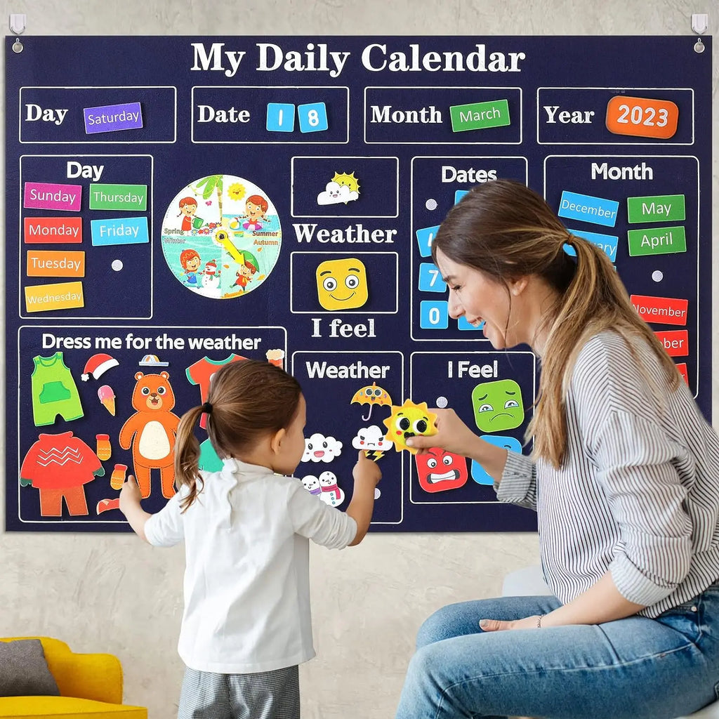 Tableau quotidien Montessori en feutrine – jours, météo et activités pour enfants