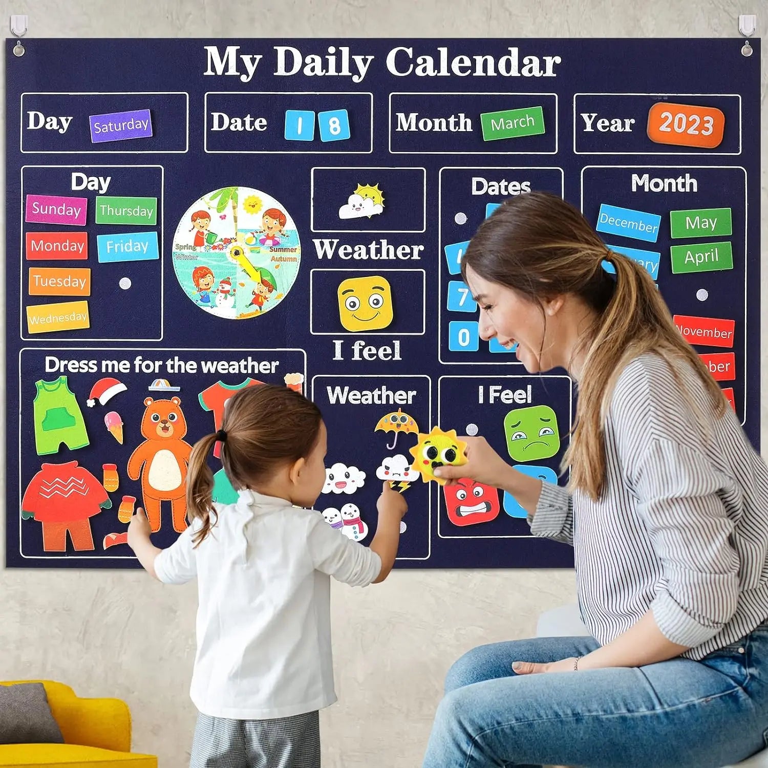 Tableau quotidien Montessori en feutrine – jours, météo et activités pour enfants