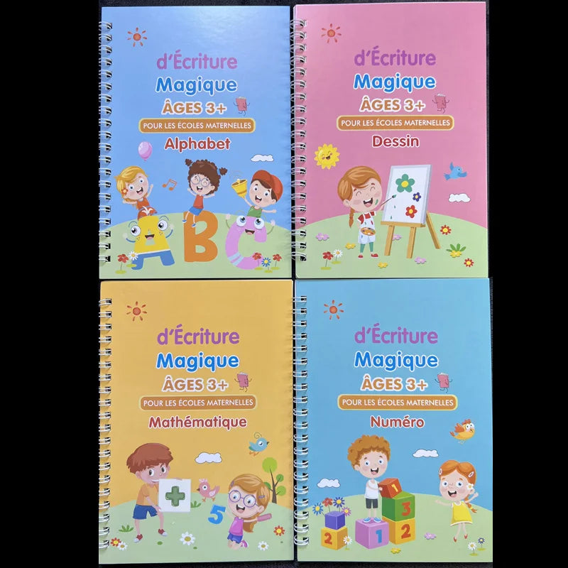 4 Cahiers Magiques Réutilisables – Écriture & Calligraphie Française (3–6 ans)