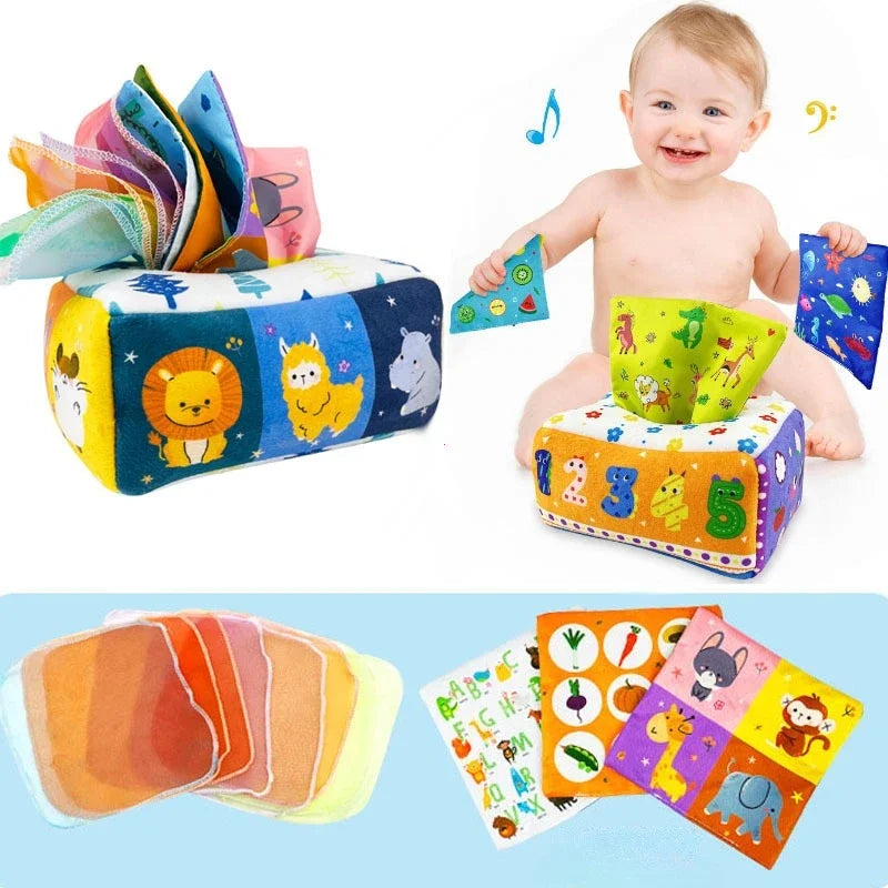 Boîtes Montessori à tirer bois – foulards et anneaux chiffres voitures animaux 6-12 mois