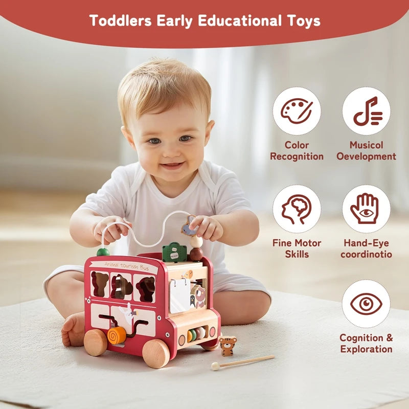 Bébé jouant avec bus Montessori bois – motricité fine comptage langage 12-36 mois