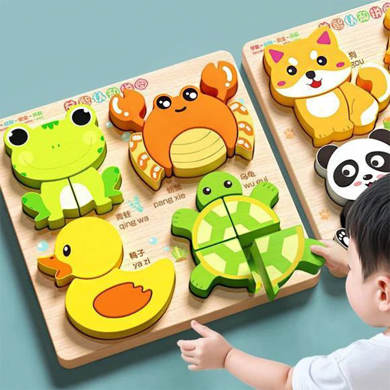 Puzzle 3D en bois Montessori animaux cartoon – vue d'ensemble des 5 thèmes disponibles