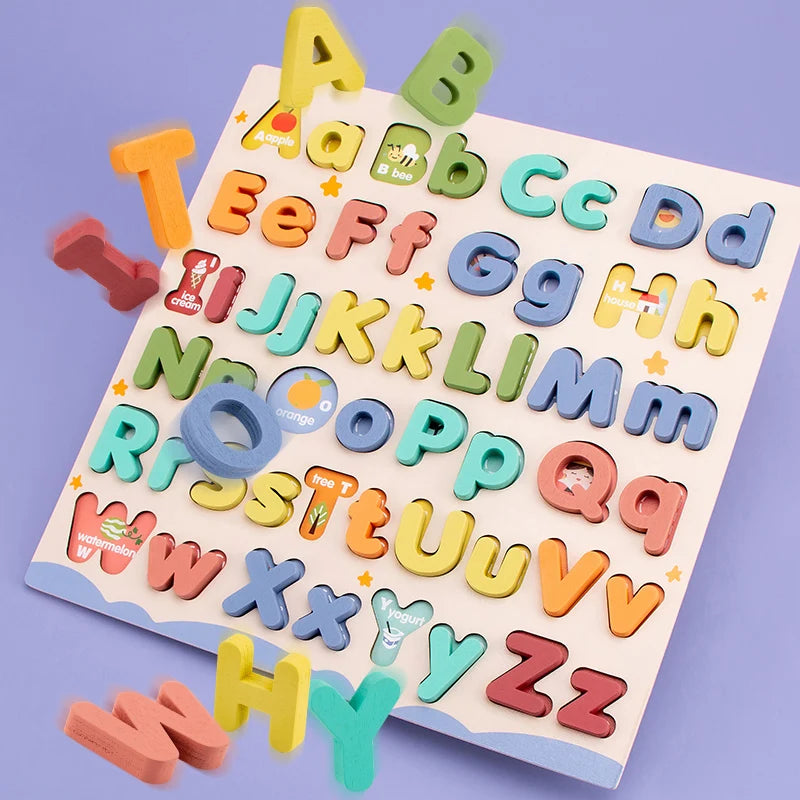 Puzzle ABC Montessori en bois – 26 lettres majuscules et minuscules – couleurs vives