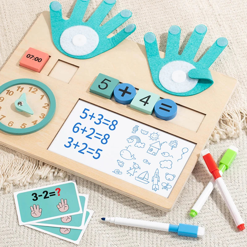 Détail des pièces en bois colorées – console de comptage Montessori chiffres et quantités