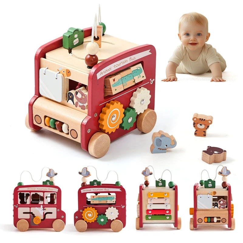 Bus Montessori en bois version 1 – animaux colorés à trier empiler compter 12-36 mois