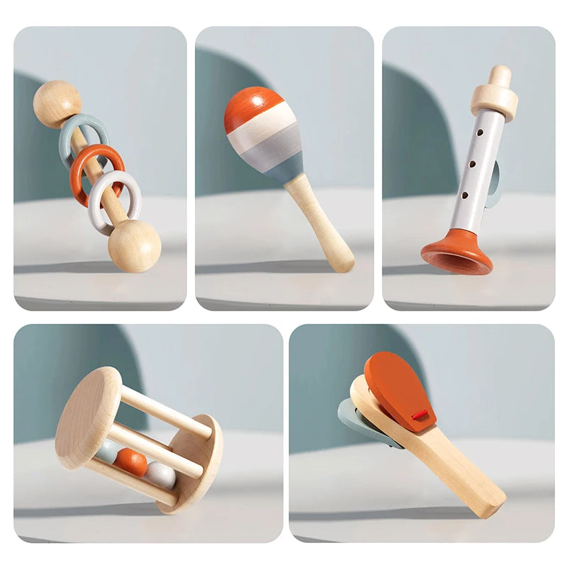 Détail des maracas en bois certifié – coffret instruments Montessori bébé