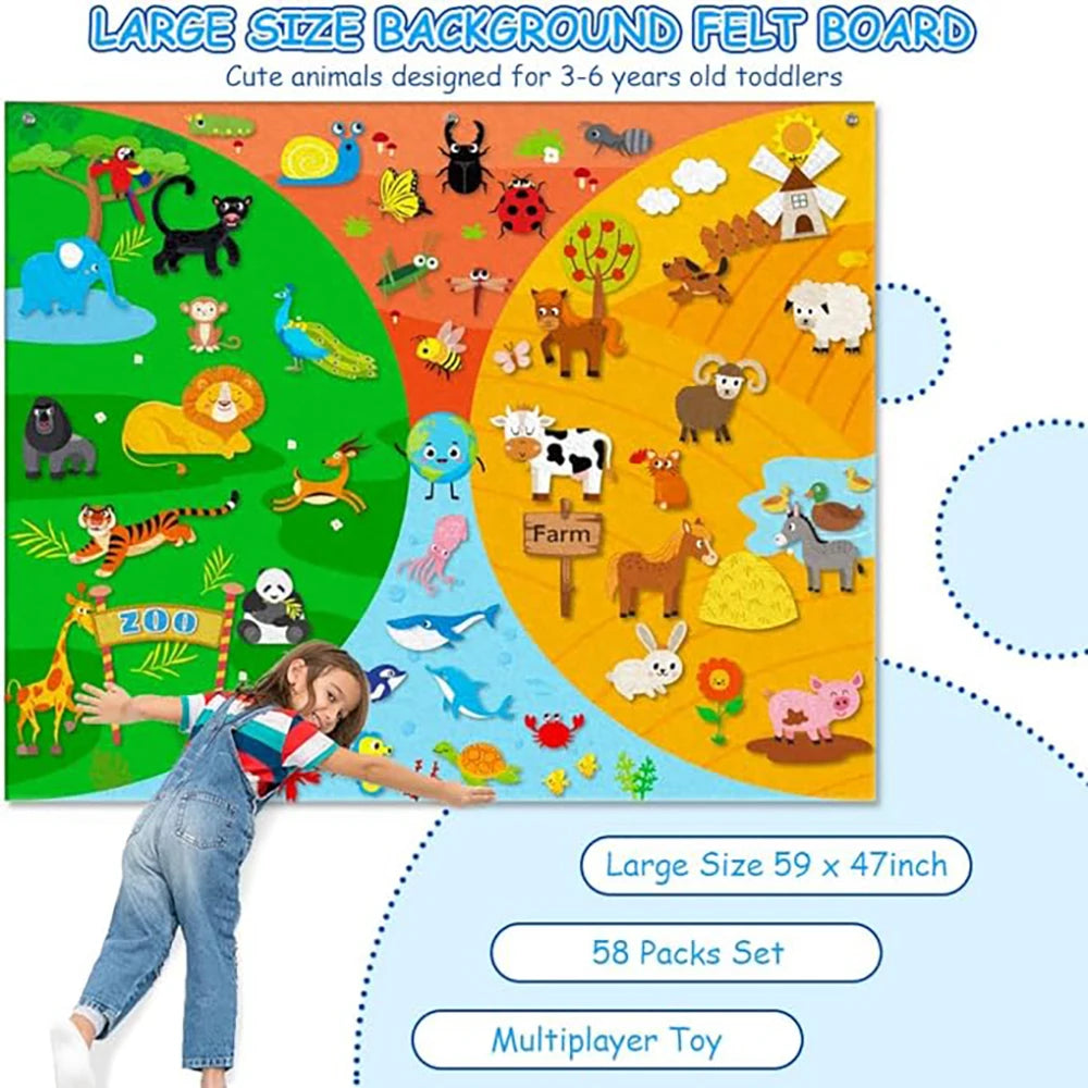 Tableau éducatif Montessori en feutrine thème animaux – routine et apprentissage pour enfants