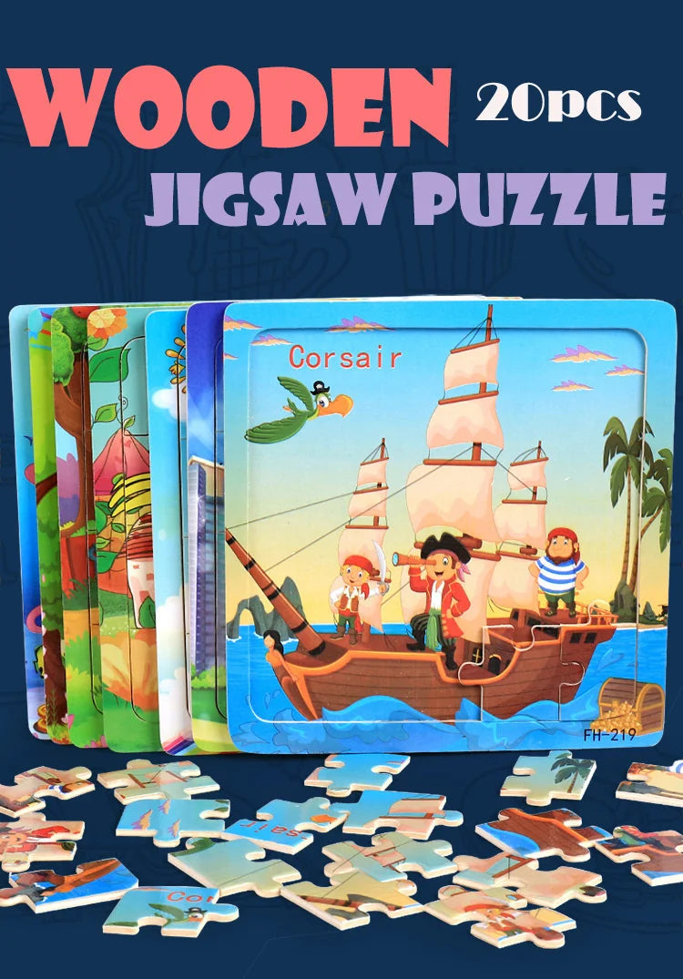 Vue d'ensemble puzzle 3D Montessori bois – 21 variantes animaux et véhicules