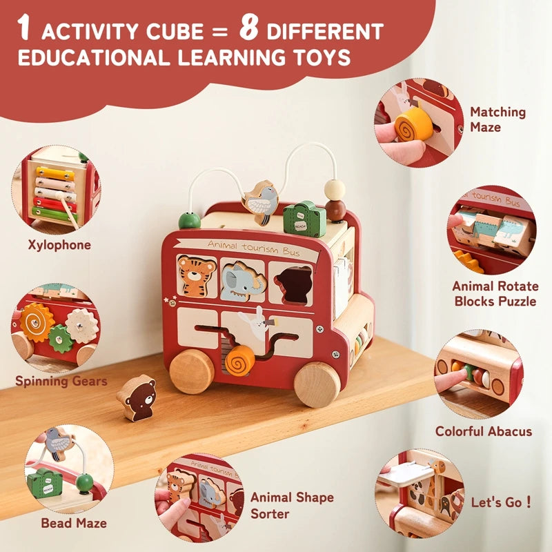 Bus Montessori bois version 2 – set d'animaux complémentaire couleurs formes chiffres