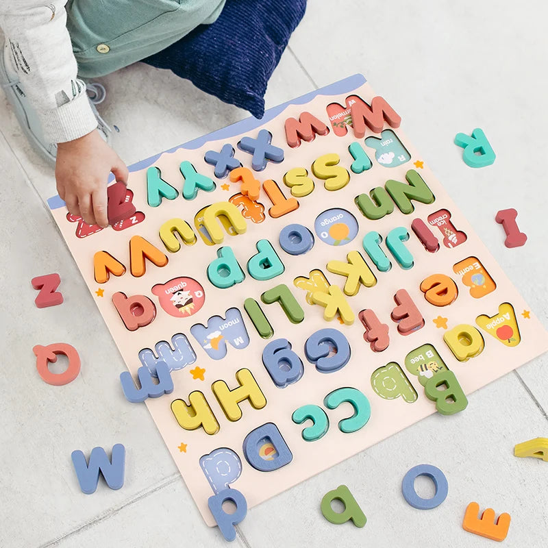 Vue complète du plateau puzzle ABC Montessori en bois – 52 pièces
