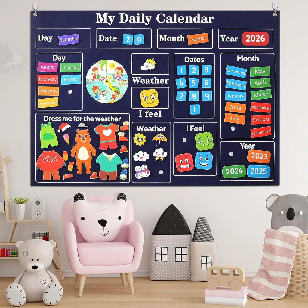 Tableau quotidien Montessori en feutrine – jours, météo et activités pour enfants