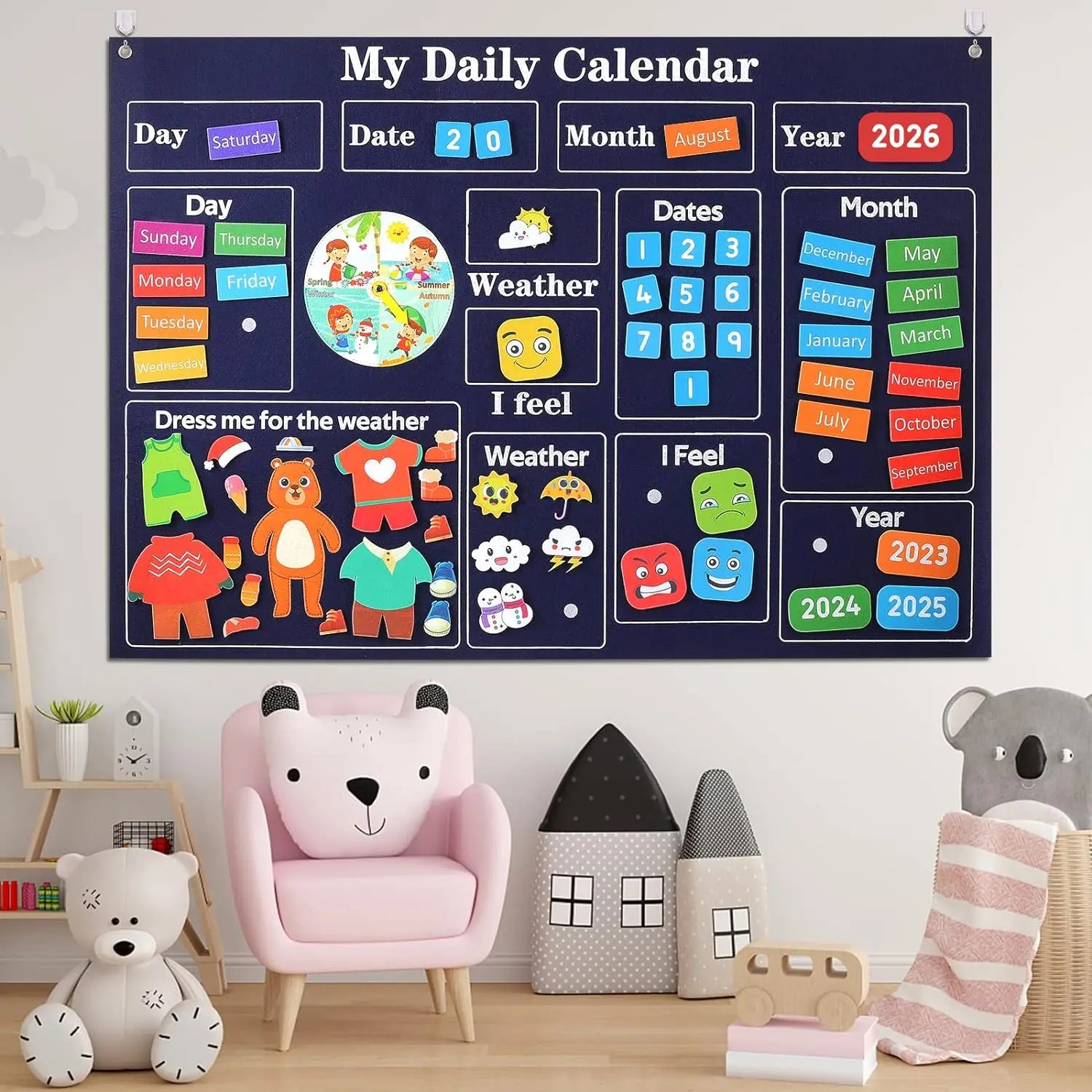 Tableau quotidien Montessori en feutrine – jours, météo et activités pour enfants