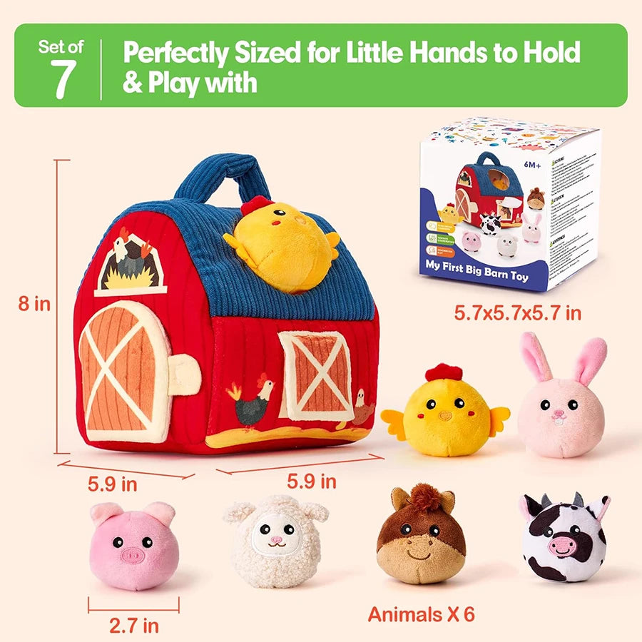 Set sensoriel Montessori comprenant une grande grange souple et six animaux en peluche (poussin, lapin, cochon, mouton, cheval, vache), parfaitement adaptés aux petites mains.