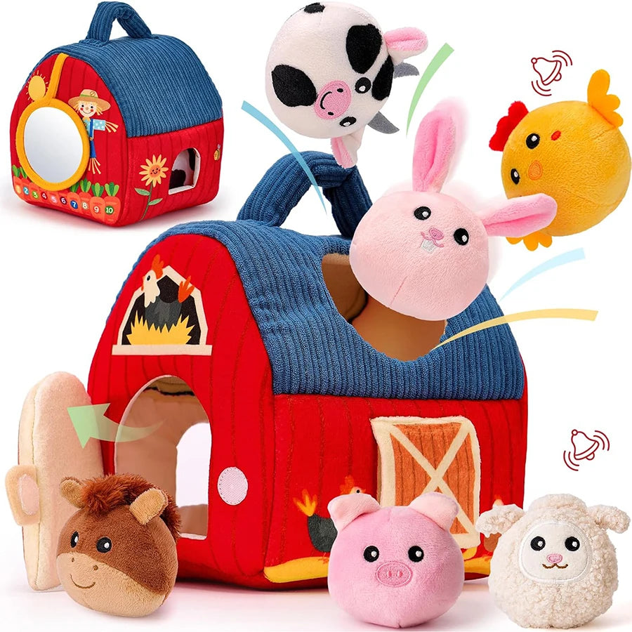 Set sensoriel Montessori comprenant une grande grange souple et six animaux en peluche (poussin, lapin, cochon, mouton, cheval, vache), parfaitement adaptés aux petites mains.