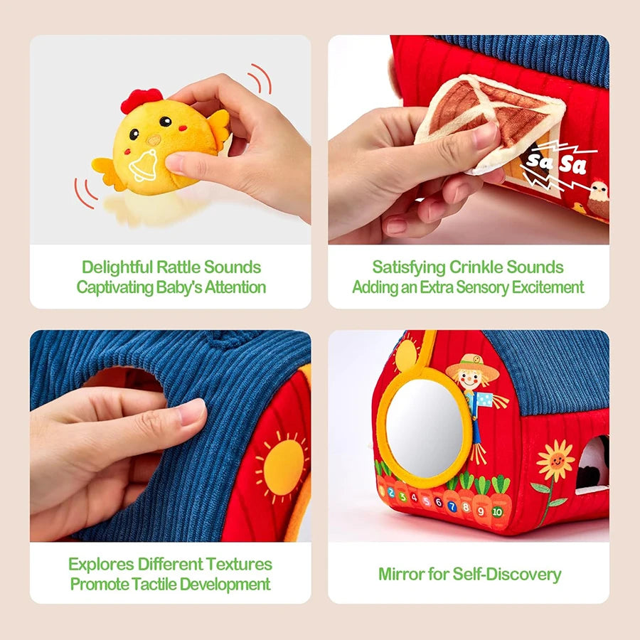 set sensoriel Montessori d’animaux de la ferme en peluche, comprenant poussin, vache, mouton, cochon et grange souple.