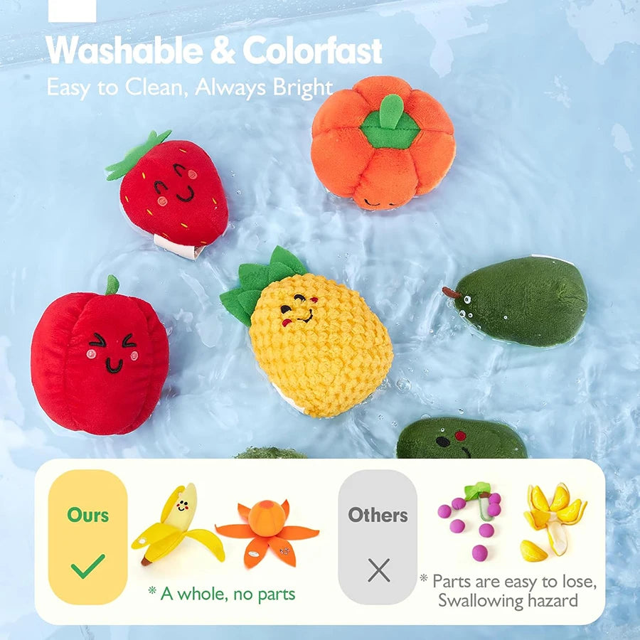 Jouets sensoriels Montessori en forme de fruits en peluche, lavables et colorés, flottant dans l’eau, avec comparaison sécurité “sans petites pièces