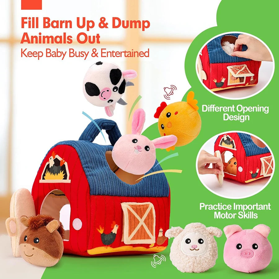  set sensoriel Montessori d’animaux de la ferme en peluche, comprenant poussin, vache, mouton, cochon et grange souple.