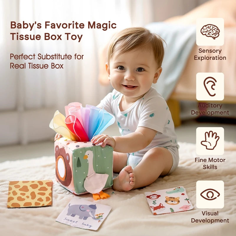 Bébé tirant foulard de la boîte Montessori – développement préhension et curiosité